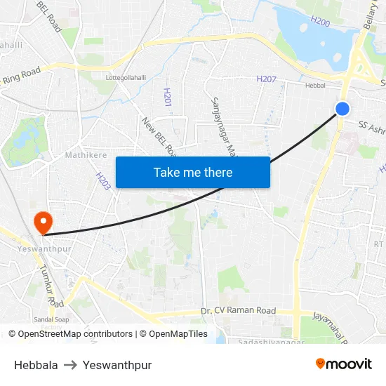 Hebbala to Yeswanthpur map
