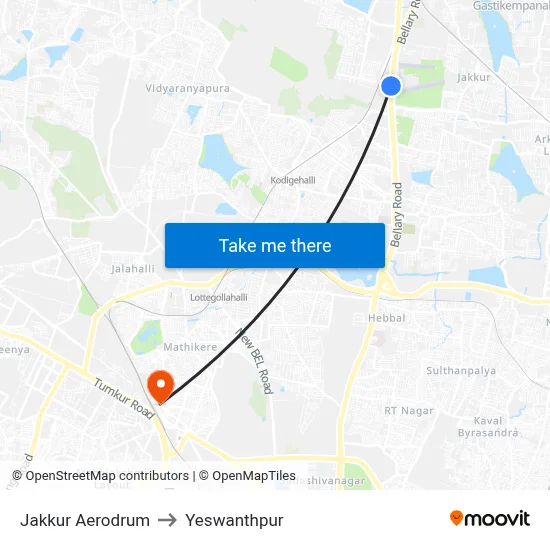 Jakkur Aerodrum to Yeswanthpur map