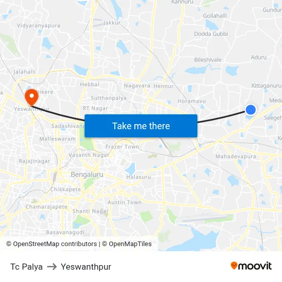 Tc Palya to Yeswanthpur map