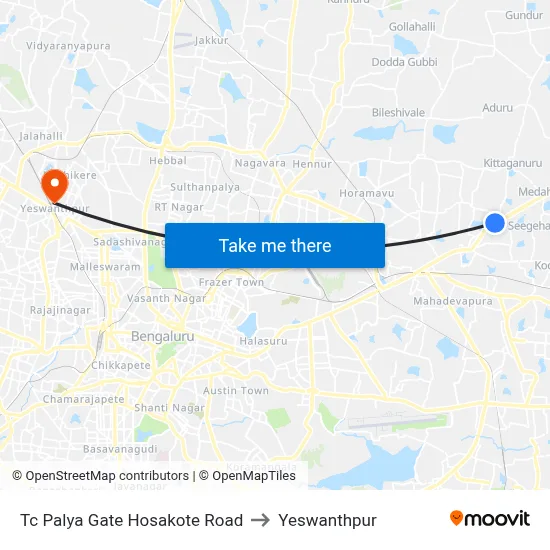 Tc Palya  Gate Hosakote Road to Yeswanthpur map