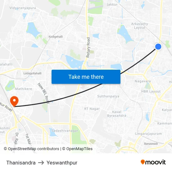 Thanisandra to Yeswanthpur map
