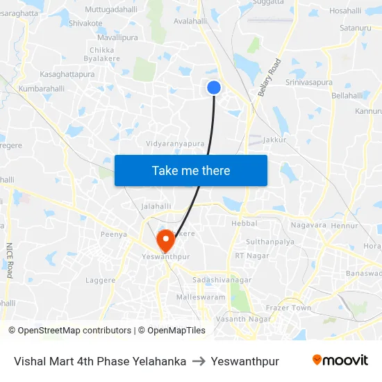 Vishal Mart 4th Phase Yelahanka to Yeswanthpur map