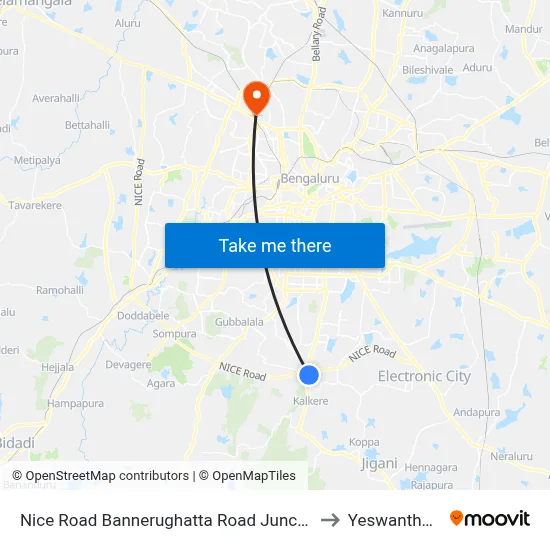 Nice Road Bannerughatta Road Junction to Yeswanthpur map