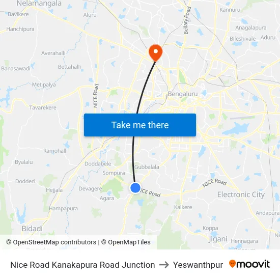 Nice Road Kanakapura Road Junction to Yeswanthpur map