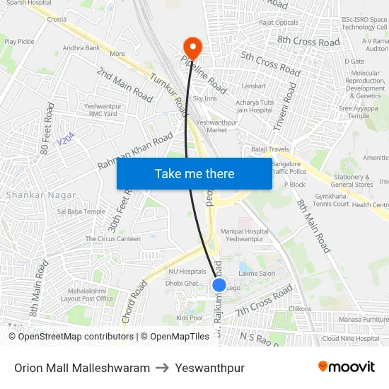 Orion Mall Malleshwaram to Yeswanthpur map