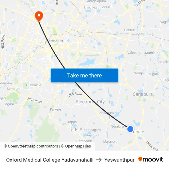 Oxford Medical College Yadavanahalli to Yeswanthpur map