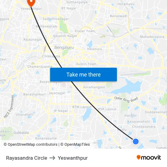 Rayasandra Circle to Yeswanthpur map