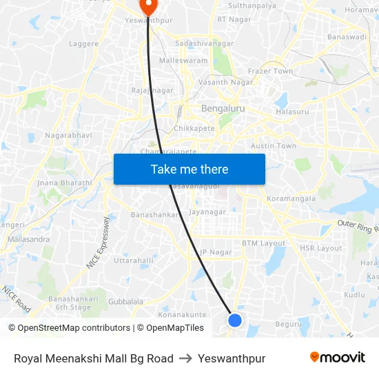 Royal Meenakshi Mall Bg Road to Yeswanthpur map