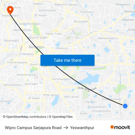 Wipro Campus Sarjapura Road to Yeswanthpur map