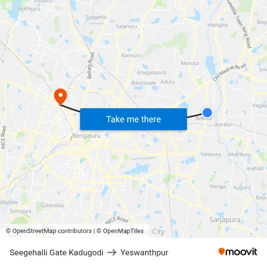 Seegehalli Gate Kadugodi to Yeswanthpur map