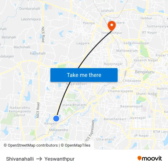 Shivanahalli to Yeswanthpur map