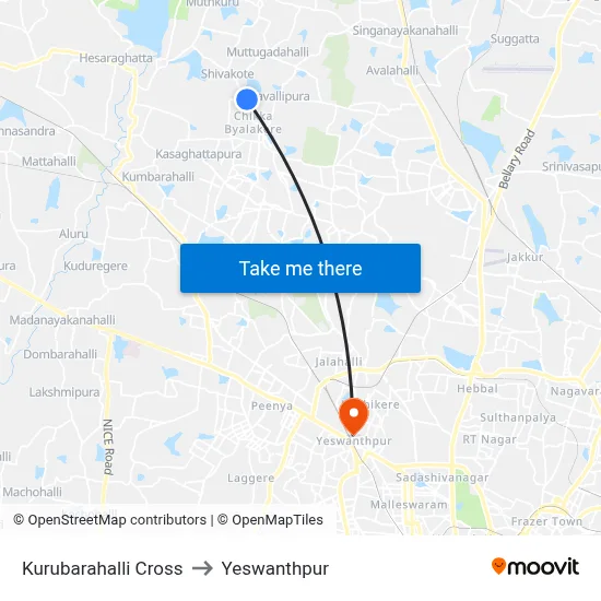 Kurubarahalli Cross to Yeswanthpur map