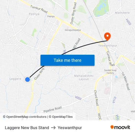 Laggere New Bus Stand to Yeswanthpur map