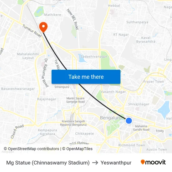 Mg Statue (Chinnaswamy Stadium) to Yeswanthpur map