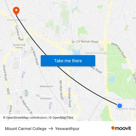 Mount Carmel College to Yeswanthpur map