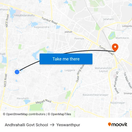 Andhrahalli Govt School to Yeswanthpur map