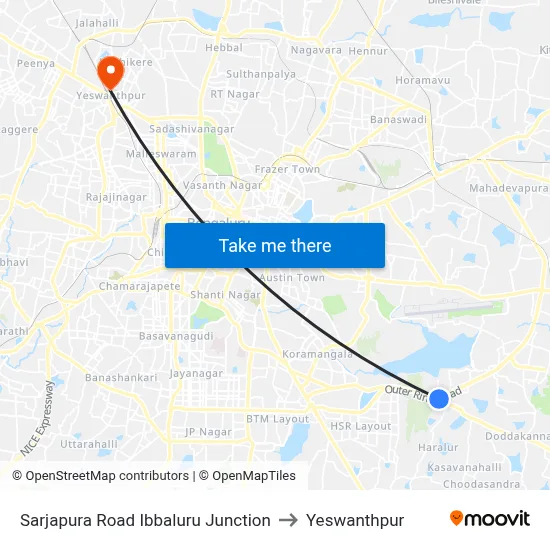 Sarjapura Road Ibbaluru Junction to Yeswanthpur map