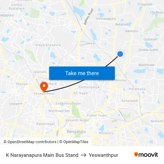 K Narayanapura Main Bus Stand to Yeswanthpur map