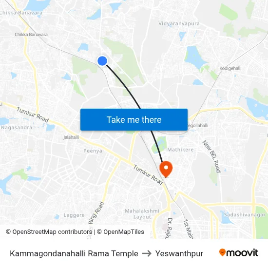 Kammagondanahalli Rama Temple to Yeswanthpur map