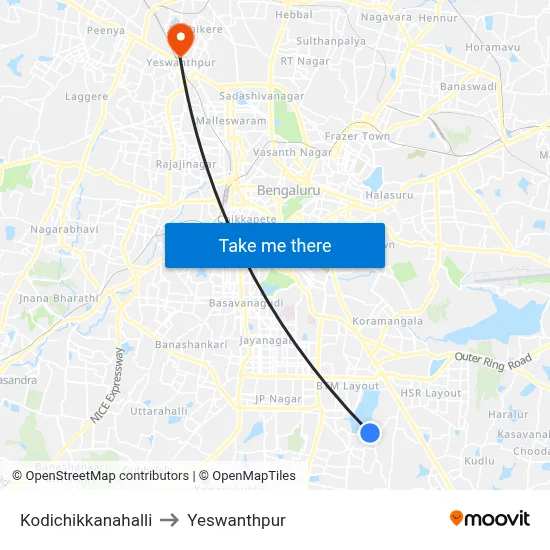 Kodichikkanahalli to Yeswanthpur map