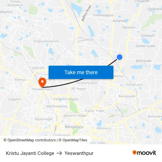 Kristu Jayanti College to Yeswanthpur map