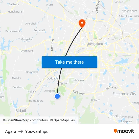 Agara to Yeswanthpur map