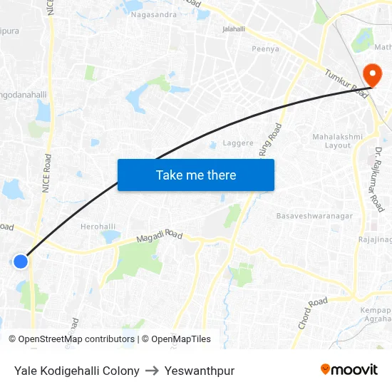 Yale Kodigehalli Colony to Yeswanthpur map