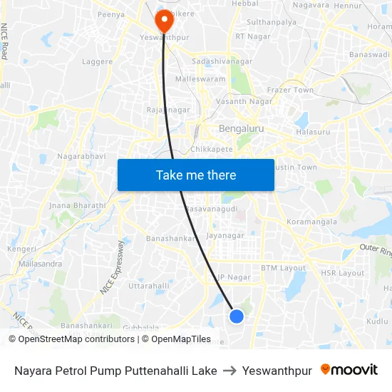 Nayara Petrol Pump Puttenahalli Lake to Yeswanthpur map