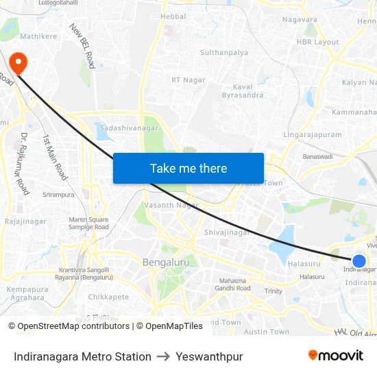 Indiranagara Metro Station to Yeswanthpur map