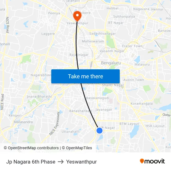 Jp Nagara 6th Phase to Yeswanthpur map