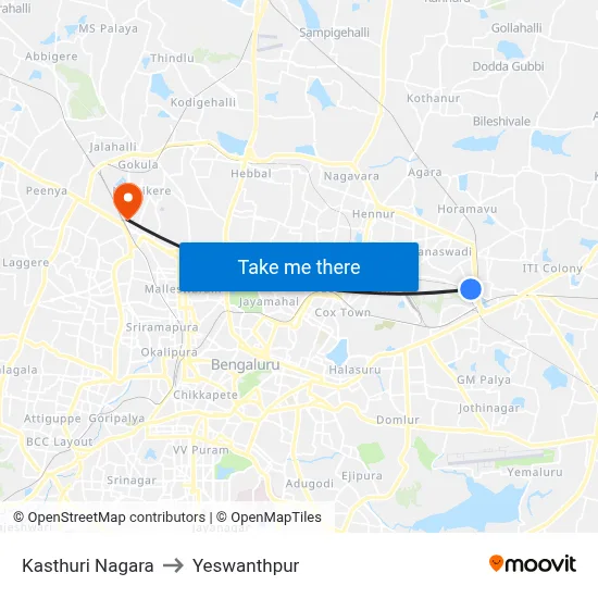 Kasthuri Nagara to Yeswanthpur map