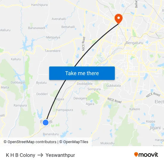 K H B Colony to Yeswanthpur map