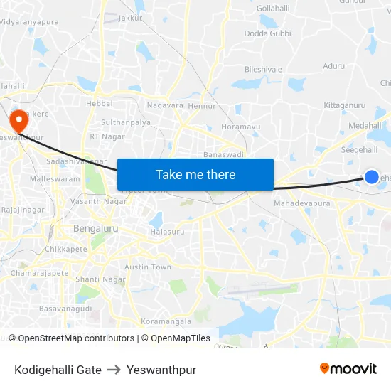 Kodigehalli Gate to Yeswanthpur map