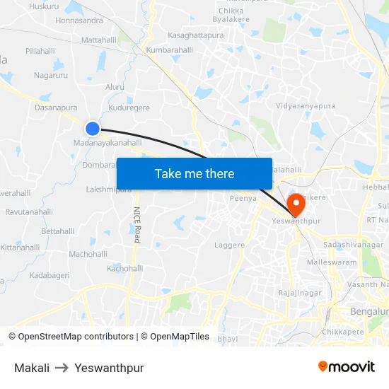 Makali to Yeswanthpur map