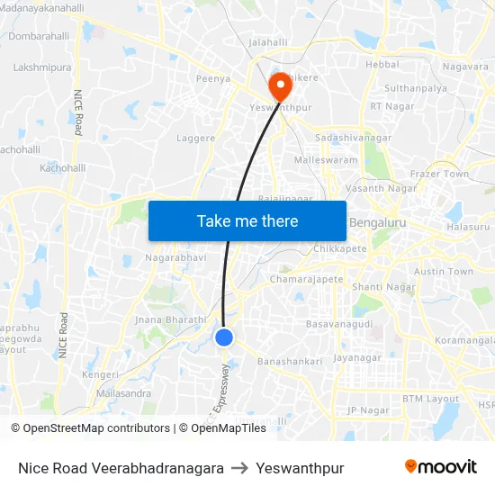 Nice Road Veerabhadranagara to Yeswanthpur map