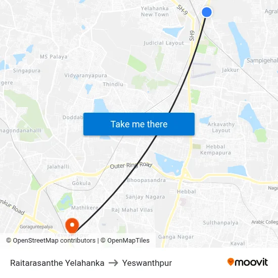 Raitarasanthe Yelahanka to Yeswanthpur map