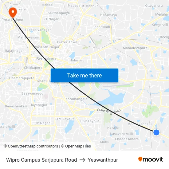 Wipro Campus Sarjapura Road to Yeswanthpur map