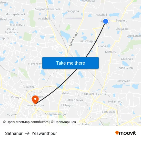 Sathanur to Yeswanthpur map
