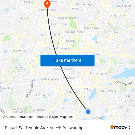 Shiradi Sai Temple Arakere to Yeswanthpur map