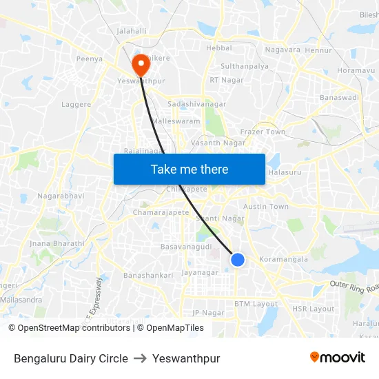 Bengaluru Dairy Circle to Yeswanthpur map