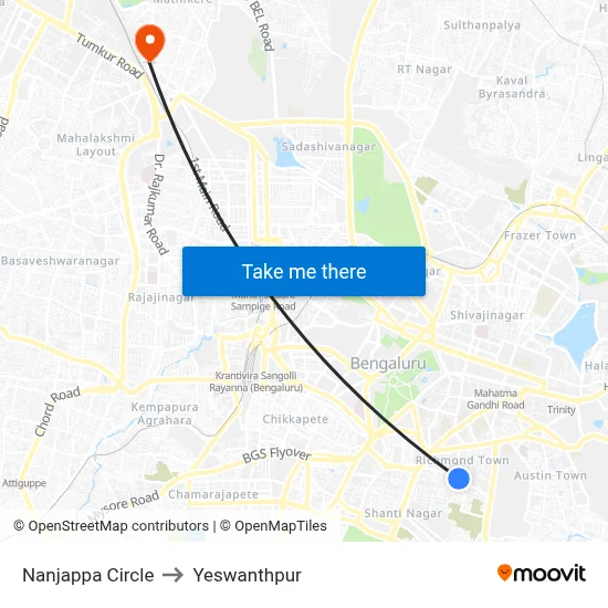 Nanjappa Circle to Yeswanthpur map