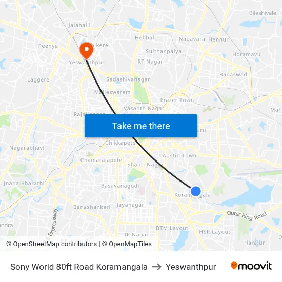 Sony World 80ft Road Koramangala to Yeswanthpur map