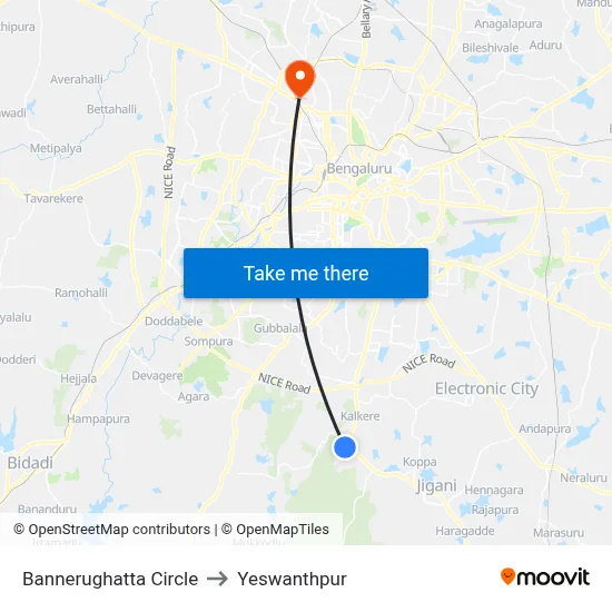 Bannerughatta Circle to Yeswanthpur map