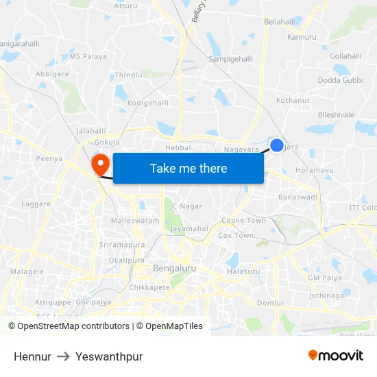 Hennur to Yeswanthpur map