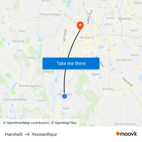 Harohalli to Yeswanthpur map