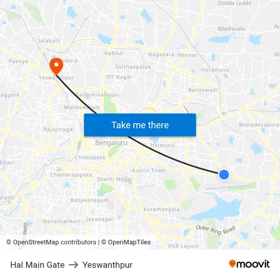 Hal Main Gate to Yeswanthpur map