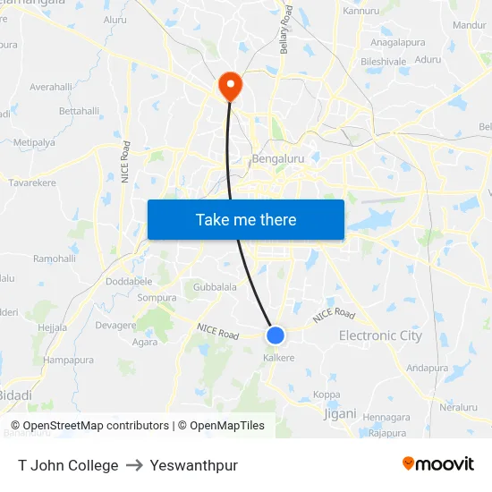 T John College to Yeswanthpur map