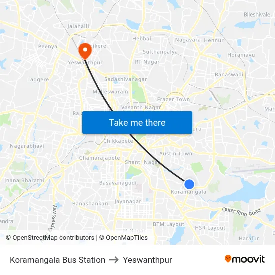 Koramangala Bus Station to Yeswanthpur map