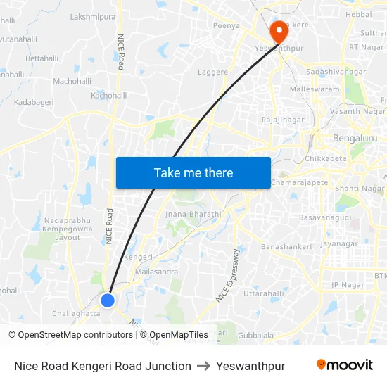 Nice Road Kengeri Road Junction to Yeswanthpur map