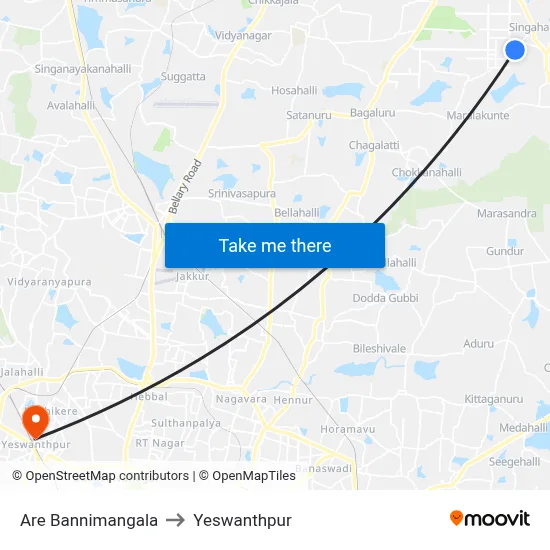 Are Bannimangala to Yeswanthpur map